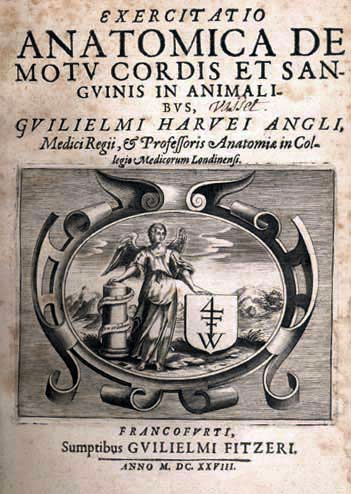Detail of title page of Exercitatio anatomica de motu cordis et sanguinis in animalibus.  Please click on link below to view and resize entire image.